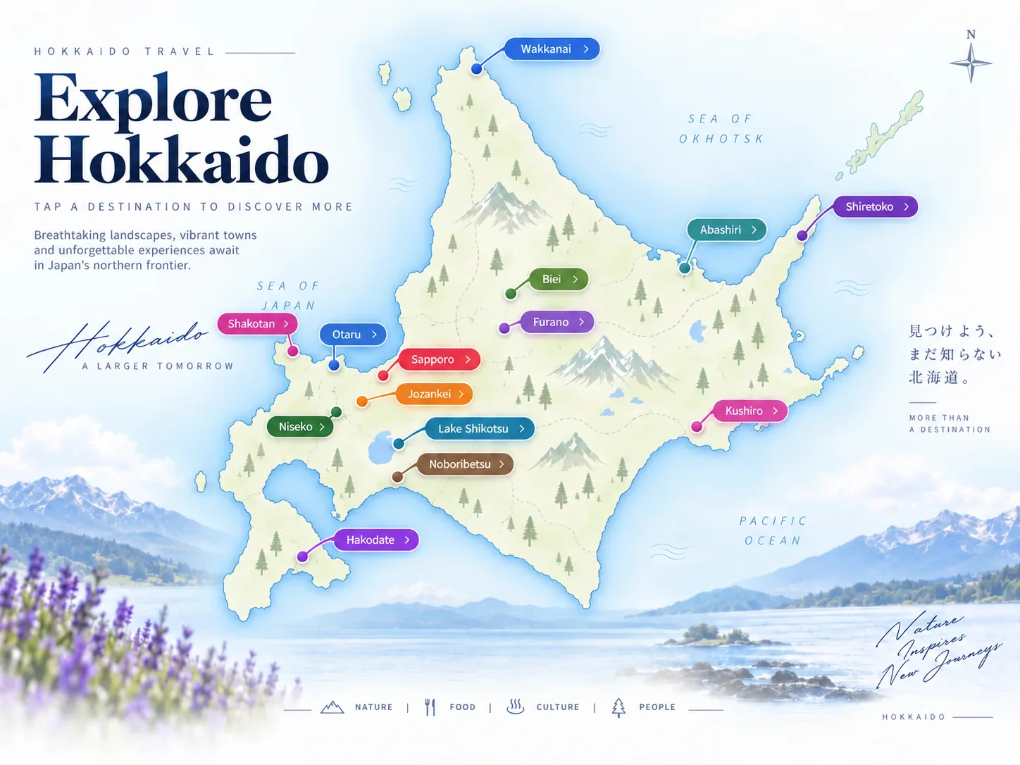Interactive map of Hokkaido destinations including Sapporo, Otaru, Jozankei, Lake Shikotsu, Furano, Biei, Hakodate, Wakkanai, Abashiri and Kushiro